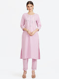 LYLA WOMEN STRAIGHT KHADI KURTA WITH MIRROR AND EMBROIDERY DETAILING