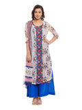 Blue Cotton Kurta With Kota Jacket & Chiffon Dupatta