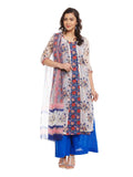 Blue Cotton Kurta With Kota Jacket & Chiffon Dupatta