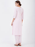 LYLA WOMAN STRAIGHT V-NECK KHADI KURTA WITH EMBROIDERY DETAILING