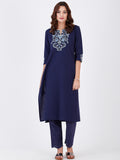 LYLA WOMAN STRAIGHT V-NECK KHADI KURTA WITH EMBROIDERY DETAILING