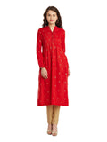 Red Gold Printed Pleated Cotton Kurta