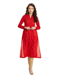 Red Gold Printed Pleated Cotton Kurta