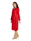 Red Gold Printed Pleated Cotton Kurta