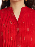 Red Gold Printed Pleated Cotton Kurta