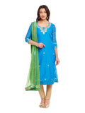 Blue Chanderi Kurta With Green Bandhni Dupatta