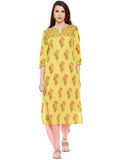 Yellow hand block printed straight kurta with bead work