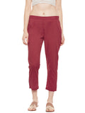 Red cotton straight pant with stitch lines at hem