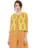 Yellow hand block printed shrug with tie & tassels