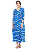 Blue block printed overlap dress with pink tassels