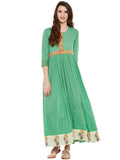 Green cotton anarkali kurta with hand block printed border at hem