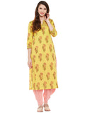 Yellow hand block printed straight kurta with bead work