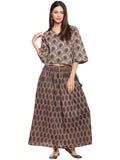 Grey block printed kantha skirt top set