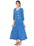 Blue block printed overlap dress with pink tassels