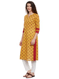 Yellow Block Printed Kurta with Lace Inserts