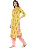 Yellow hand block printed straight kurta with bead work