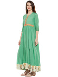 Green cotton anarkali kurta with hand block printed border at hem