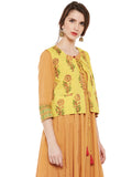 Yellow hand block printed shrug with tie & tassels