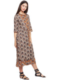 Mustard block printed kantha dress with grey jacket