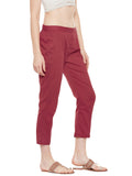 Red cotton straight pant with stitch lines at hem