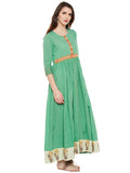 Green cotton anarkali kurta with hand block printed border at hem