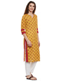 Yellow Block Printed Kurta with Lace Inserts