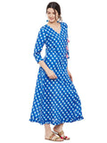 Blue block printed overlap dress with pink tassels