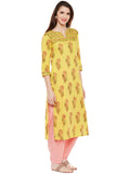 Yellow hand block printed straight kurta with bead work