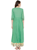 Green cotton anarkali kurta with hand block printed border at hem