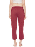 Red cotton straight pant with stitch lines at hem