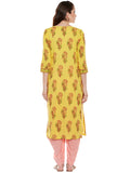 Yellow hand block printed straight kurta with bead work