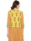 Yellow hand block printed shrug with tie & tassels