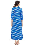 Blue block printed overlap dress with pink tassels