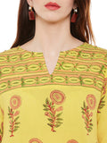 Yellow hand block printed straight kurta with bead work