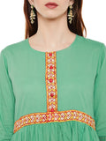 Green cotton anarkali kurta with hand block printed border at hem