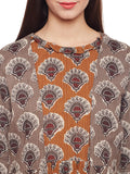Mustard block printed kantha dress with grey jacket