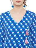 Blue block printed overlap dress with pink tassels