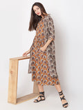 Mustard block printed kantha dress with grey jacket