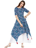 Indigo hand block printed assymetric kurta