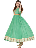 Green cotton anarkali kurta with hand block printed border at hem