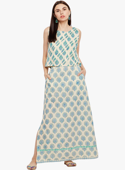 Cream and Green Hand Block Printed Skirt Top Set