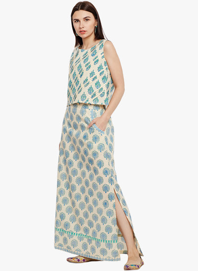Cream and Green Hand Block Printed Skirt Top Set