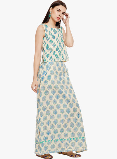 Cream and Green Hand Block Printed Skirt Top Set