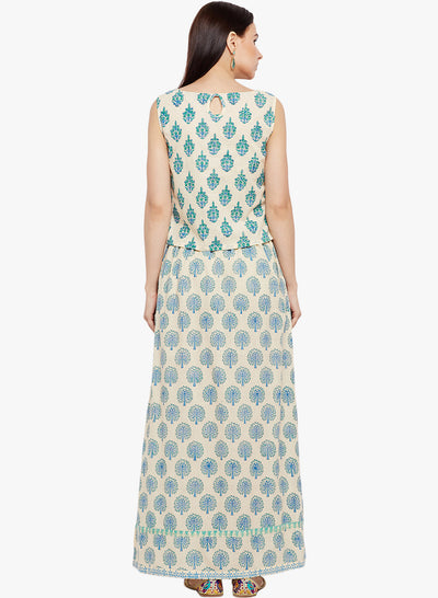 Cream and Green Hand Block Printed Skirt Top Set
