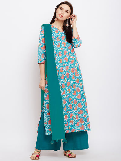 Blue block printed cotton suit set
