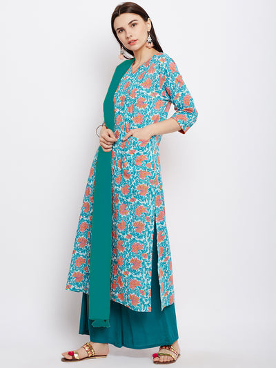 Blue block printed cotton suit set