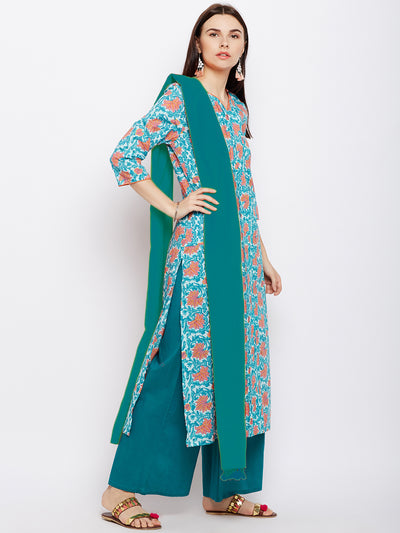 Blue block printed cotton suit set