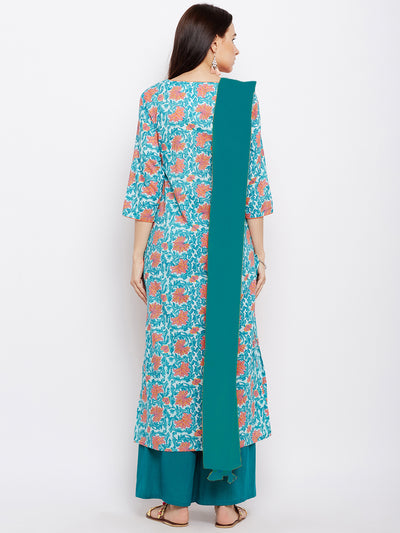 Blue block printed cotton suit set