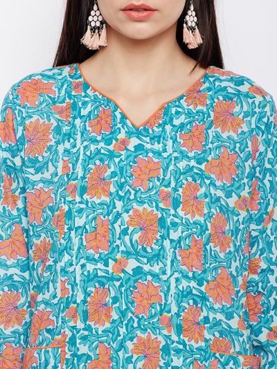 Blue block printed cotton suit set