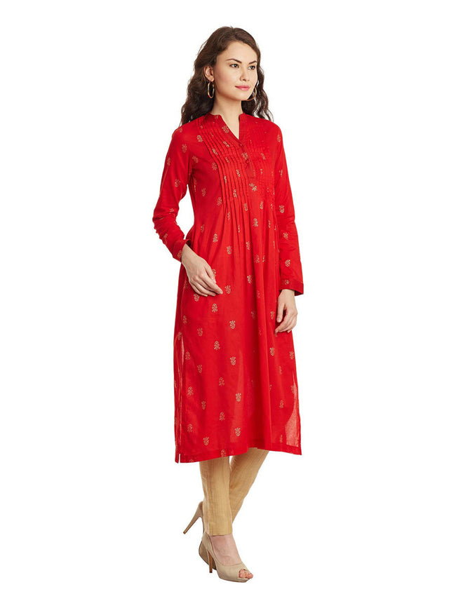 Red Gold Printed Pleated Cotton Kurta